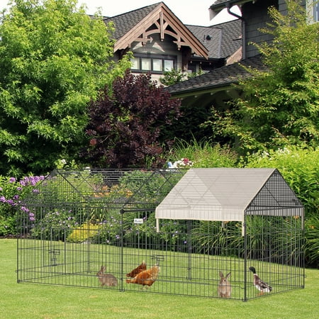 PawHut 87" x 41" Outdoor Metal Chicken Coop Rabbit Playpen Enclosure Small Animal Kennel Exercise Pen with Weather Proof Cover, Beige
