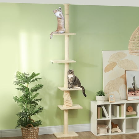 PawHut 89"-108" Floor to Ceiling Cat Tree with Scratching Post & Hand Crank