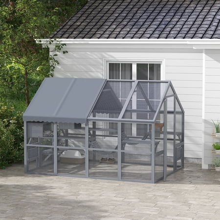 PawHut Large Catio Outdoor Cat Enclosure, Wooden Cat House for Multiple Cats, with Waterproof Cover, 2 Condos, 6 Platforms, Bridge, Doors, Gray