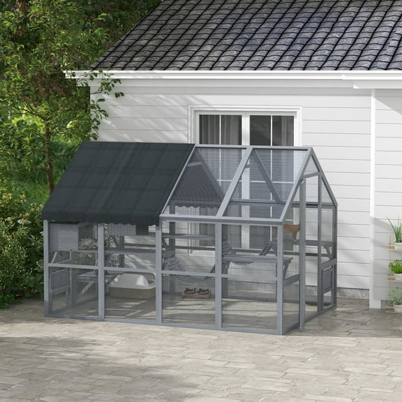 PawHut Large Catio Outdoor Cat Enclosure, Wooden Cat House for Multiple Cats, with Waterproof Cover, 2 Condos, 6 Platforms, Bridge, Doors, Gray