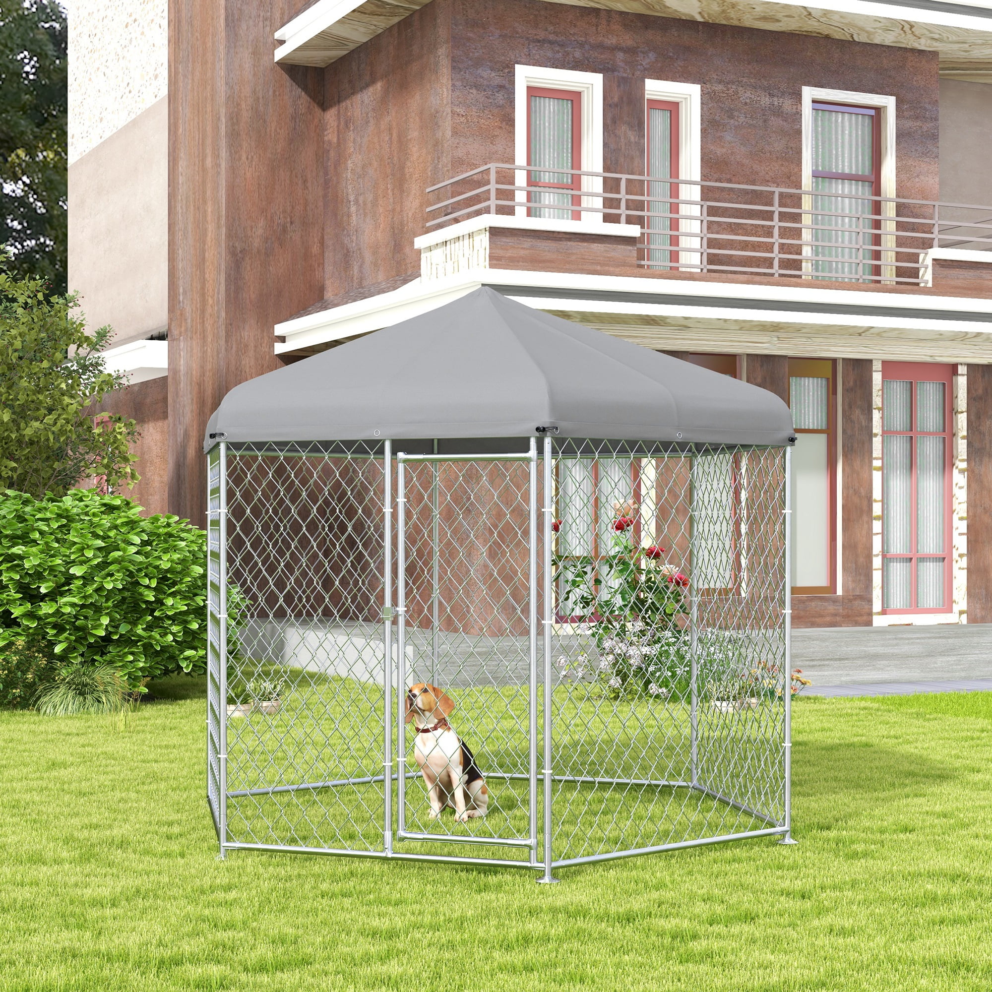 Large Silver Steel Outdoor Dog Kennel with Roof