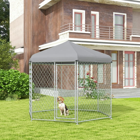 PawHut 9.2' x 8' x 7.7' Dog Kennel, Outdoor Dog Run with Waterproof, UV Resistant Roof for Medium and Large-Sized Dogs, Silver