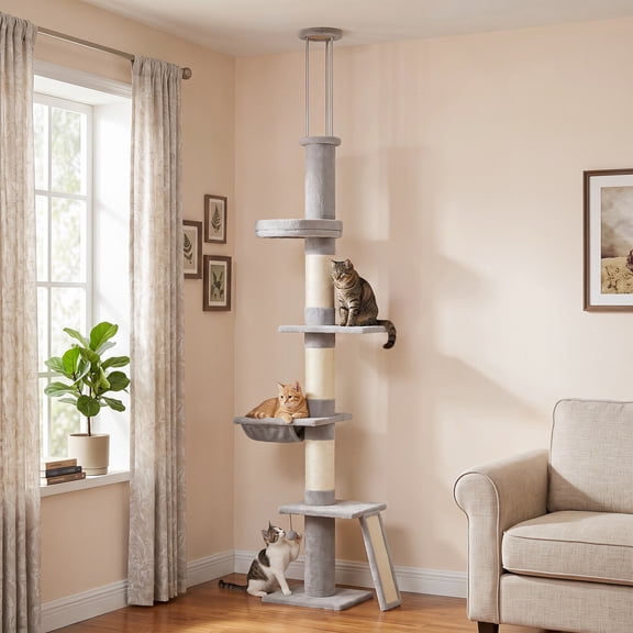 PawHut 90.6" -102.4" Floor-to-Ceiling Cat Tree with 3-Rod Support, 5-Level Cat Tower with Bed, Hammock, Sisal Scratching Posts, Light Gray