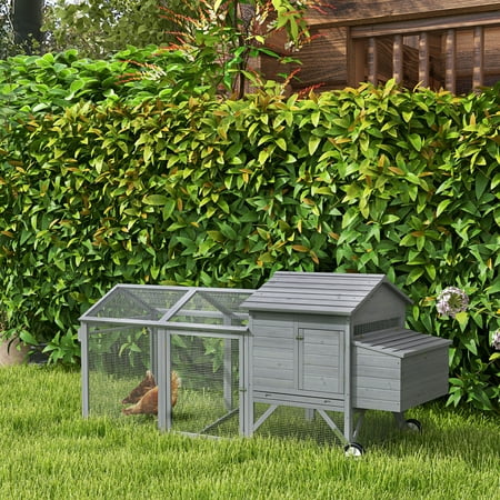 PawHut 96.5" Chicken Tractor, Large Wooden Chicken Coop, Gray