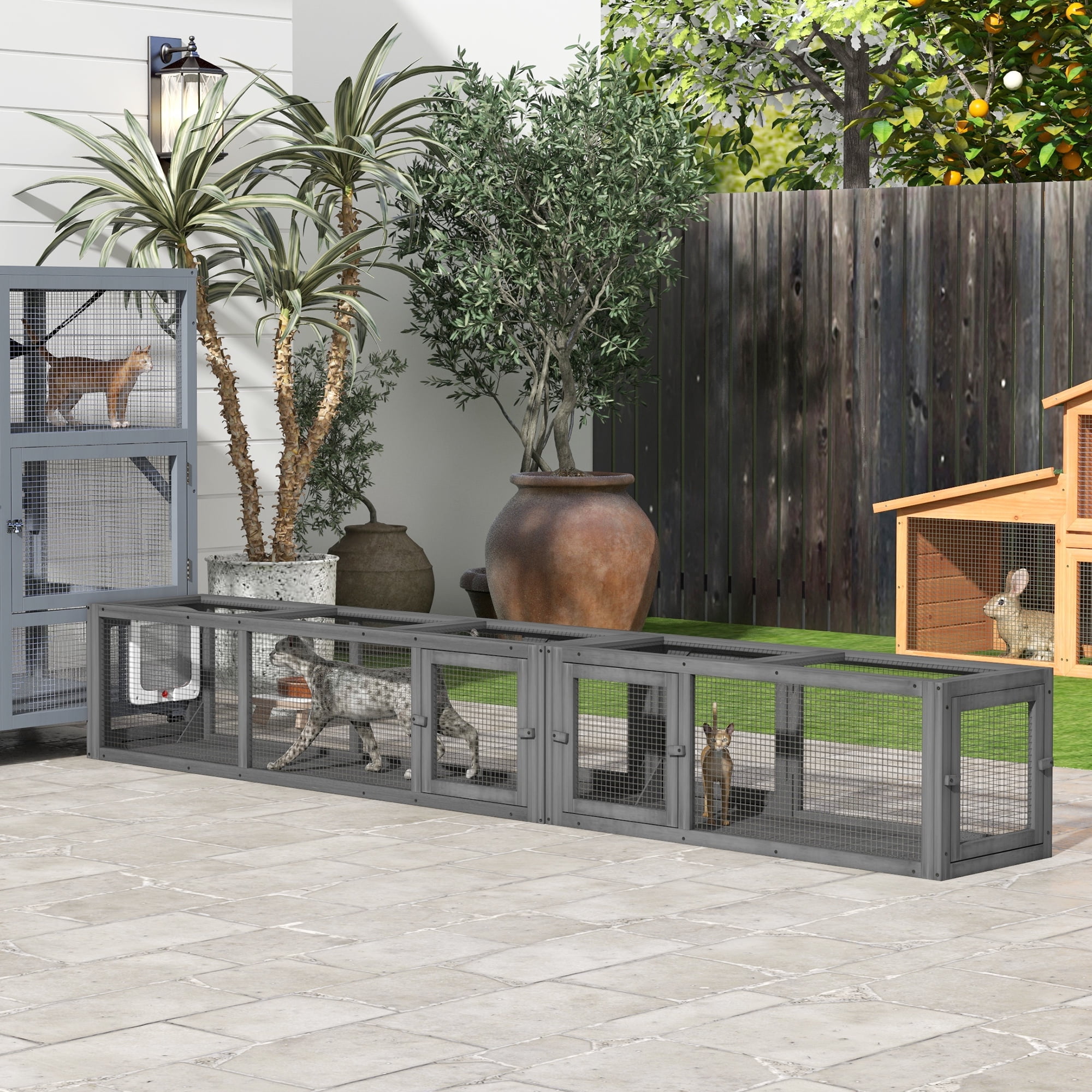 Dark Gray Wooden Outdoor Cat Tunnel with 8 Doors