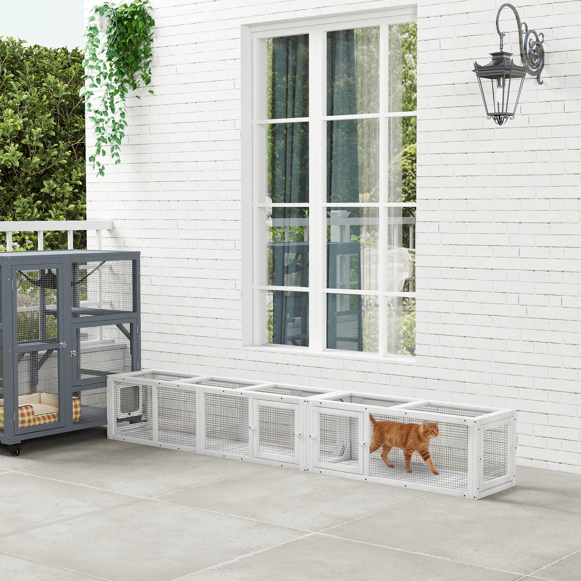 PawHut 98" Cat Tunnel Outdoor with Combinable Design, Doors, White