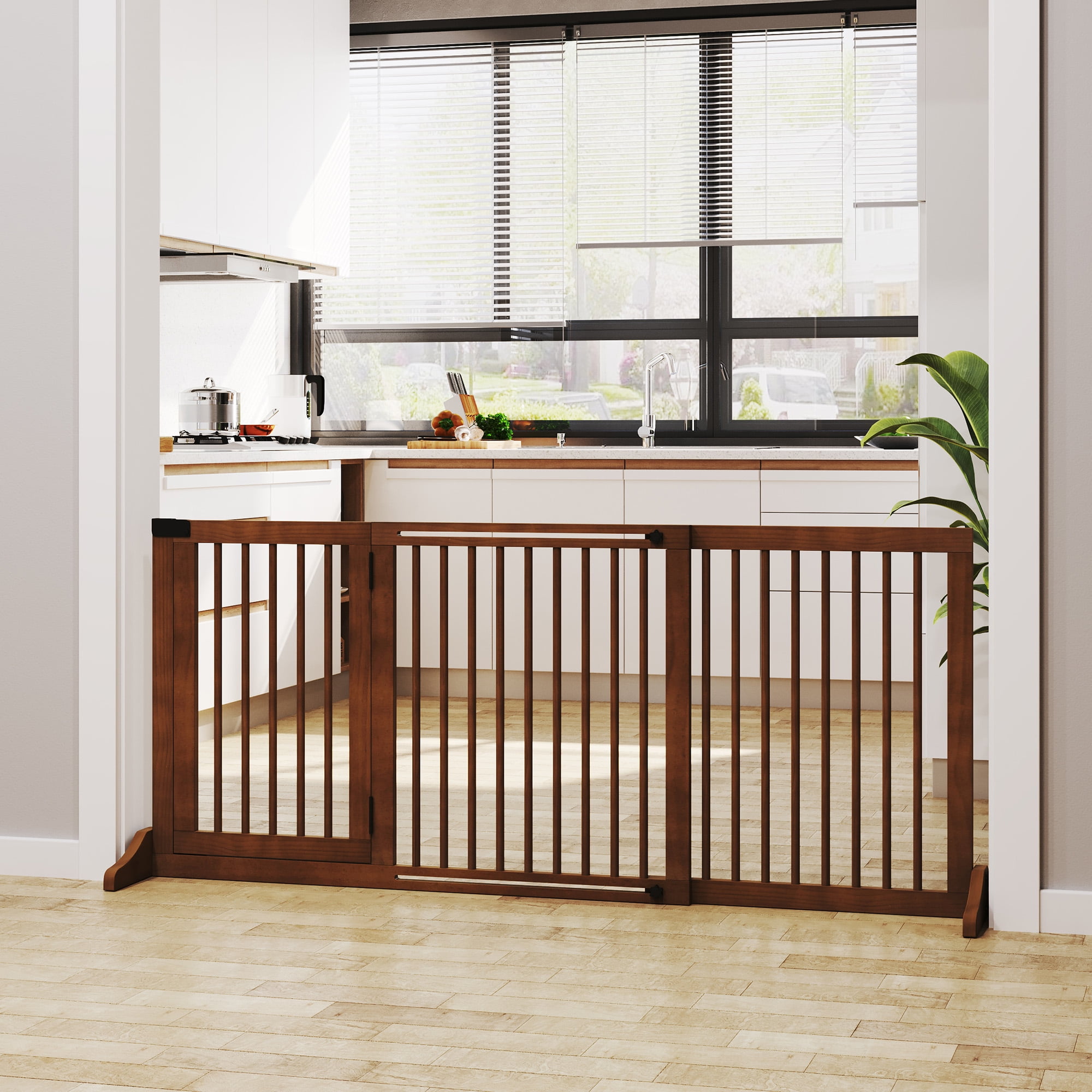 PawHut Freestanding Indoor Wooden Pet Gate Adjustable for Small to Large Doorways and Hallways with Safety Barrier Walmart