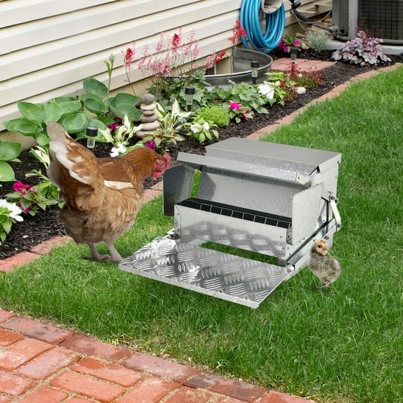 PawHut 25 lbs Capacity Automatic Chicken Poultry Feeder with a Galvanized Steel and Aluminium Build, Weatherproof Design