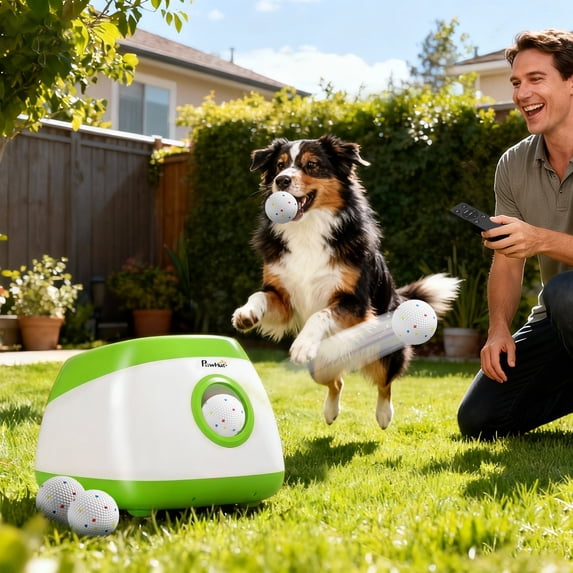 PawHut Automatic Dog Ball Launcher, Dog Ball Thrower with 26-80 FT Distance, 6 ETPU Balls, Remote Control, Green