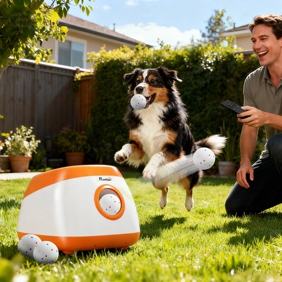 PawHut Automatic Dog Ball Launcher, Dog Ball Thrower with 26-80 FT Distance, 6 ETPU Balls, Remote Control, Low Noise, Orange