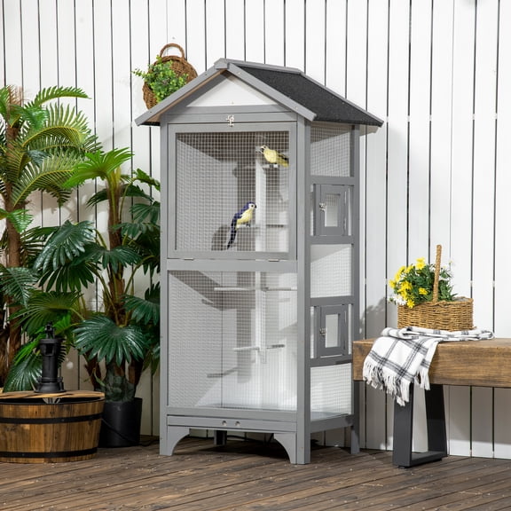 PawHut Bird Aviary with Removable Tray Wooden Bird Cage, Gray