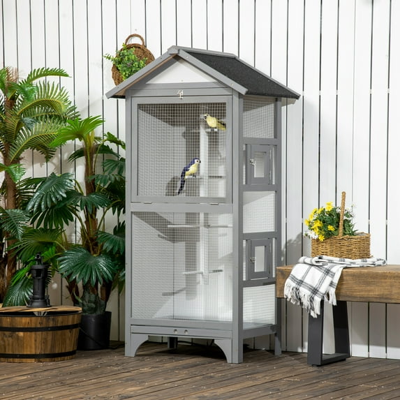 PawHut Bird Aviary with Removable Tray Wooden Bird Cage, Gray