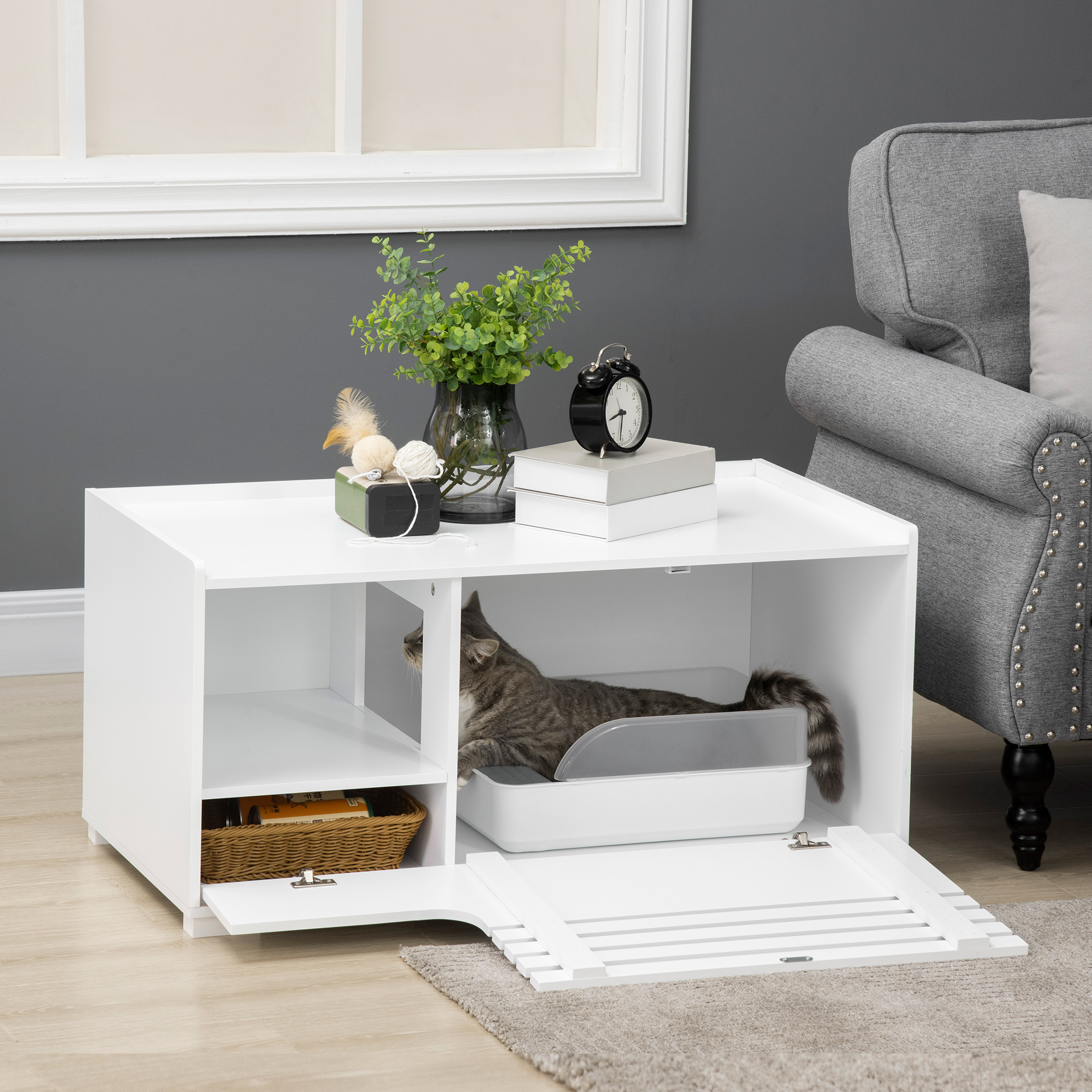 PawHut Cat Litter Box Enclosure with Spacious Interior, Cat Washroom ...