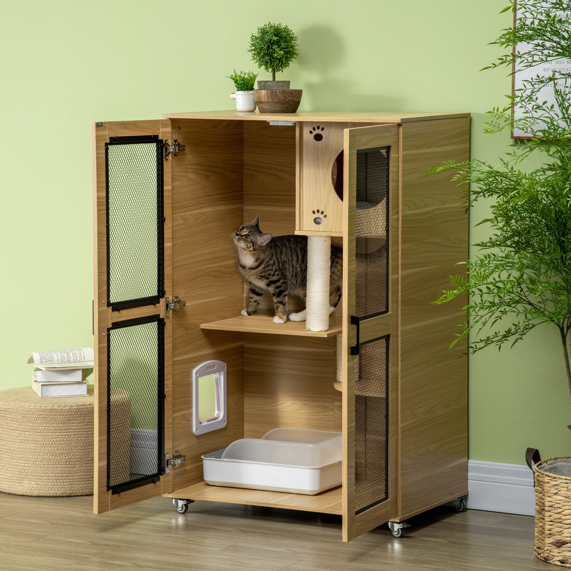 PawHut Cat House with Cat Tree Kitty Cage with Scratching Posts Condo Wheels Flap Door, Oak, 31.5" x 20" x 48.5"