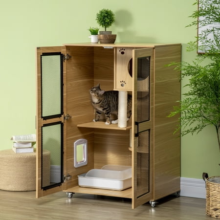 PawHut Cat House W/ Cat Tree Scratching Post Condo Wheels, Kitty Cage, Oak
