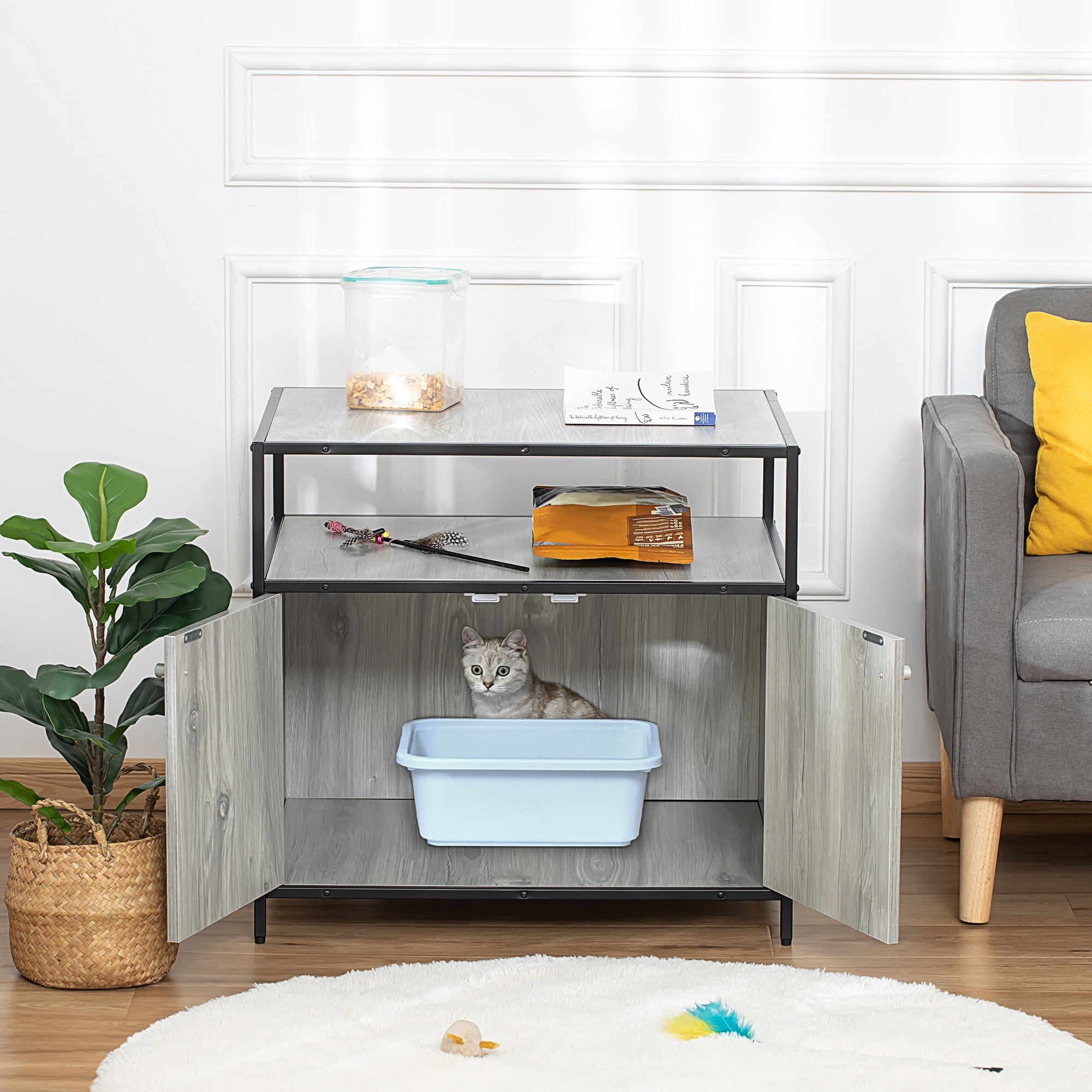PawHut Cat Litter Box Enclosure Double door Nightstand with Storage Shelf Grey Walmart
