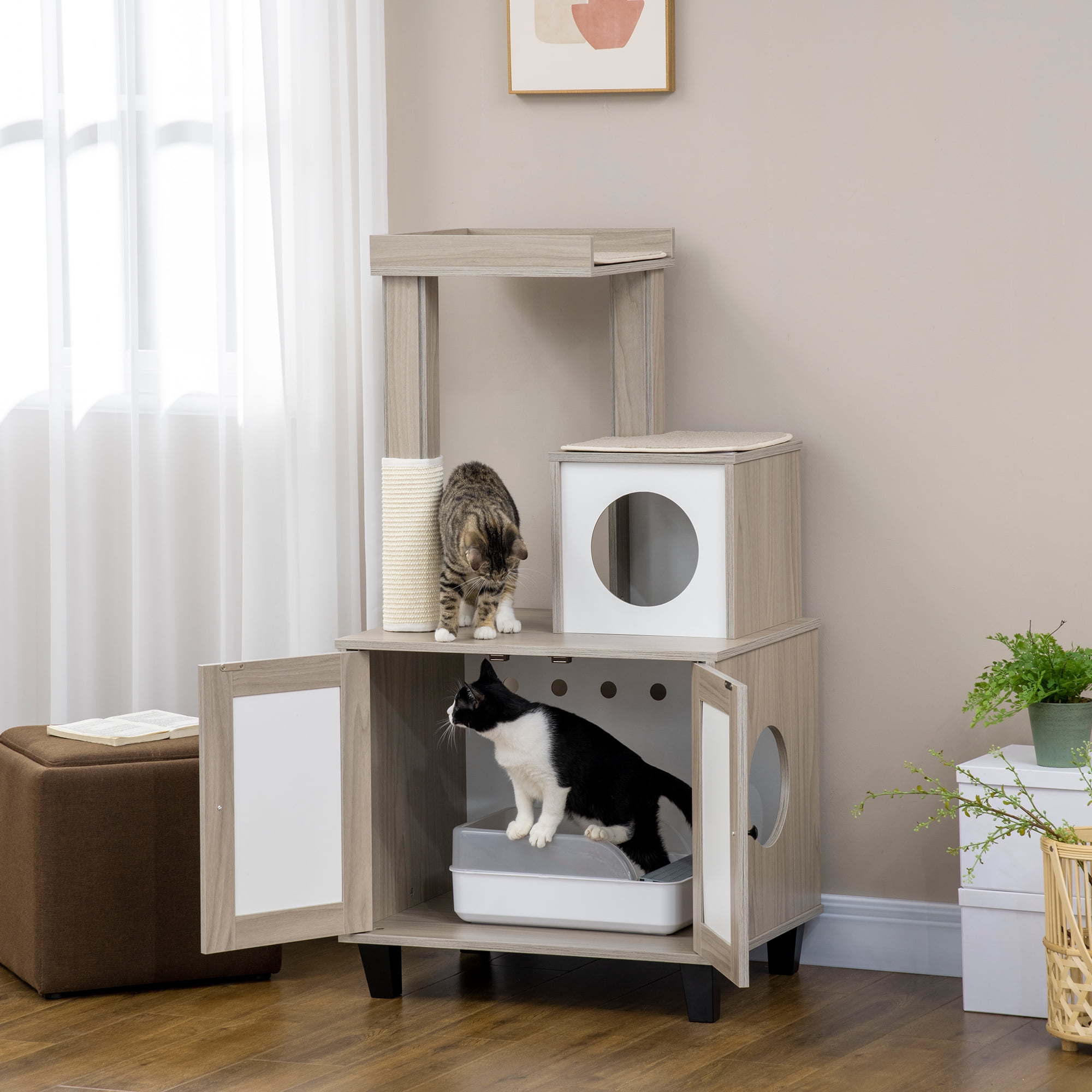 Gray Sisal Cat Litter Box Enclosure with Climbing Tree