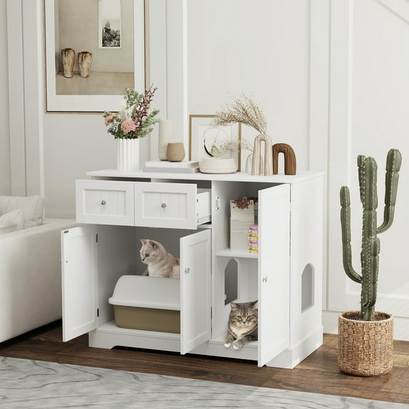 PawHut Cat Litter Box Enclosure, Hidden Litter Box Furniture Cat House with Drawers, Storage, Anti-tip Kit, 39" x 18" x 31.5", White