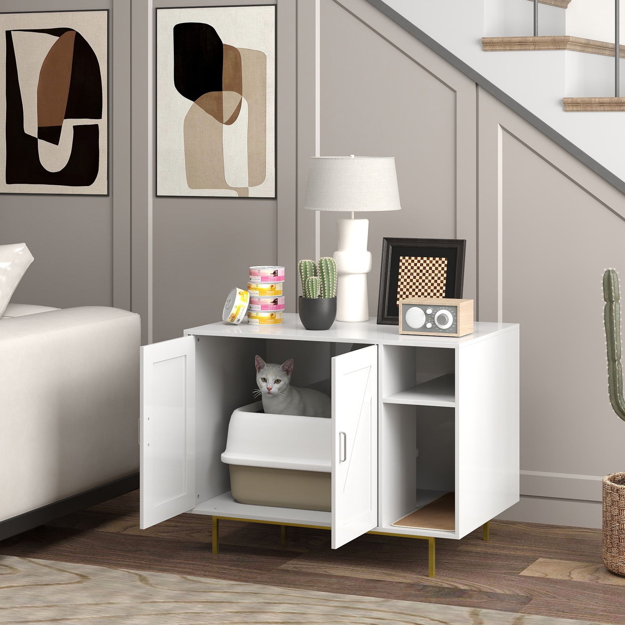 White Wooden Cat Litter Box Enclosure with Storage