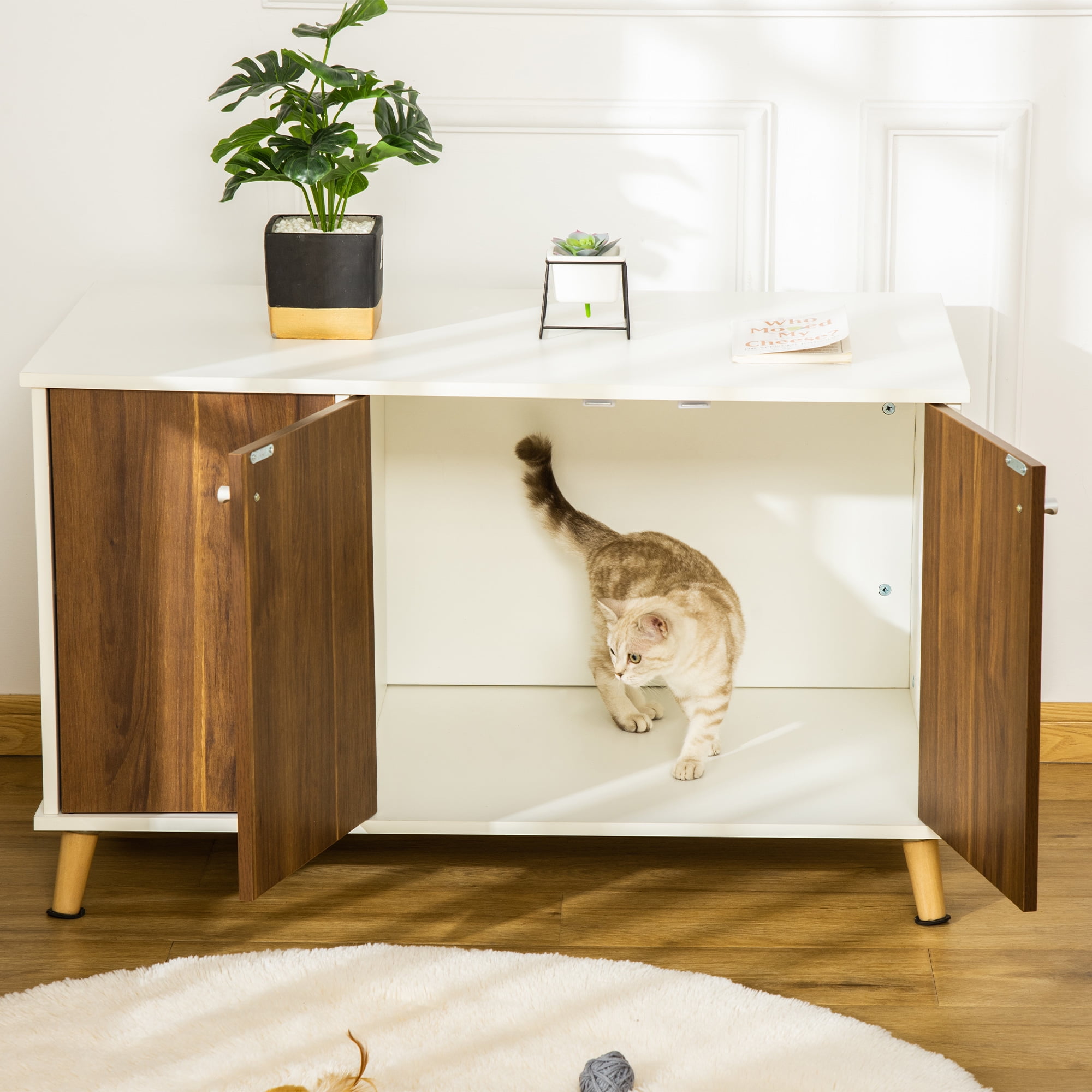 White and Walnut Wood Cat Litter Box Enclosure Cabinet