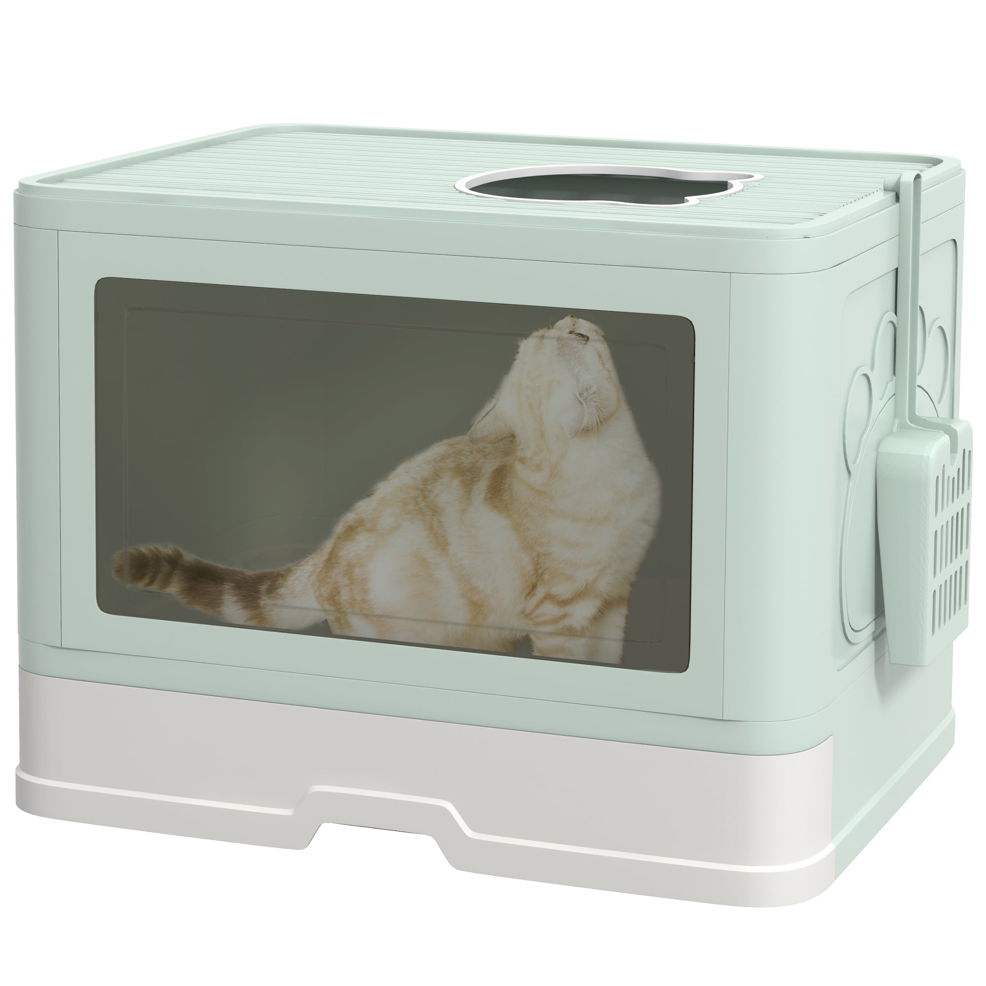 PawHut Cat Litter Box, Front Entry Top Exit Cat Litter Tray, Green