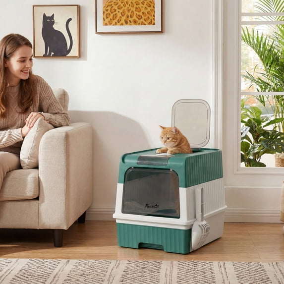 PawHut Cat Litter Box, Hooded Cat Litter Tray with Drawer Pan, 4 Deodorization Bags, Easy to Clean, Teal