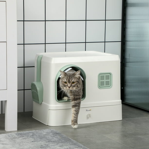 PawHut Cat Litter Box with Scoop Deodorants Drawer Pan White