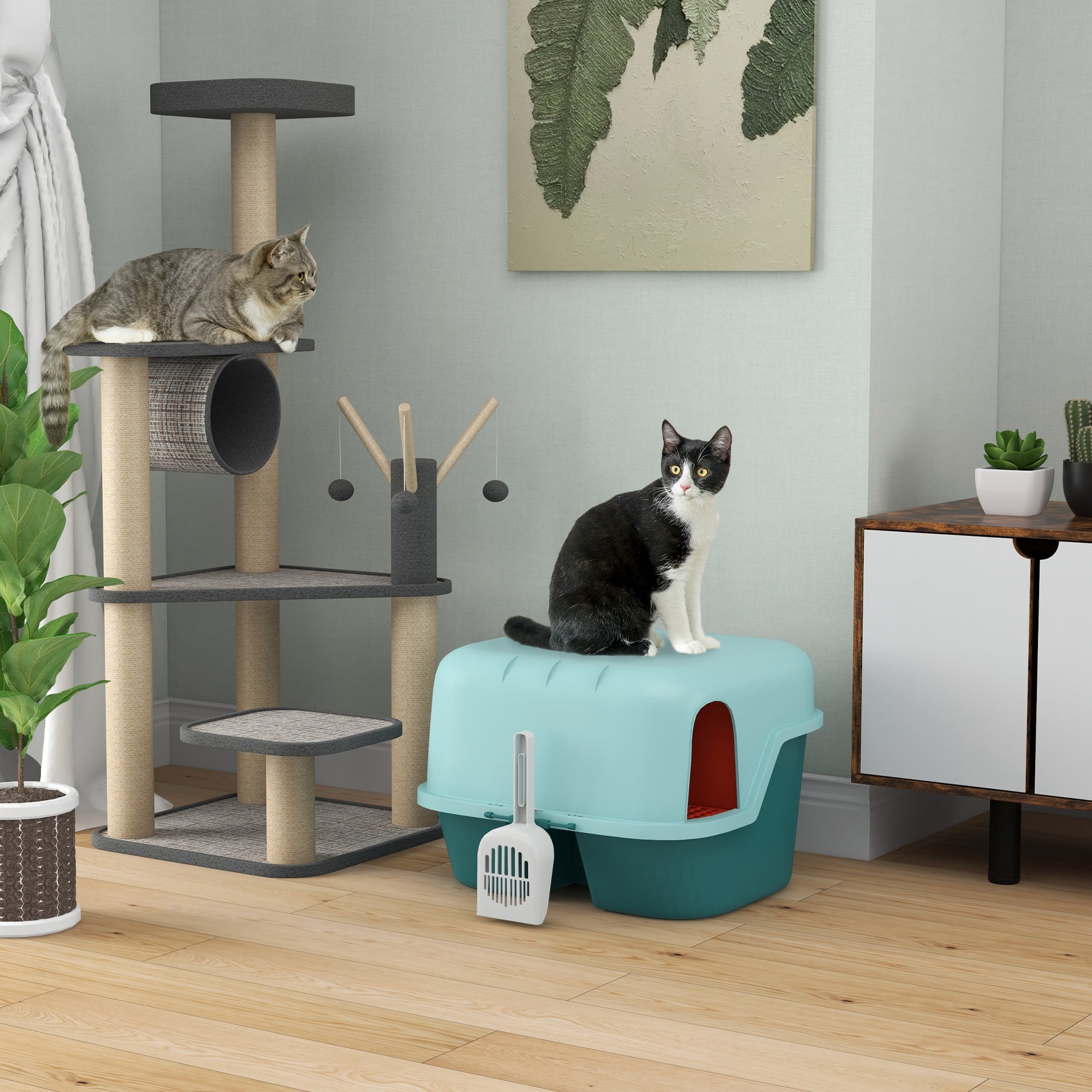 Green Covered Cat Litter Box with Scoop and Lockable Lid
