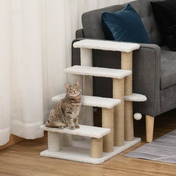 PawHut Cat Steps 4-Level Cat Tree with Scratching Posts, White