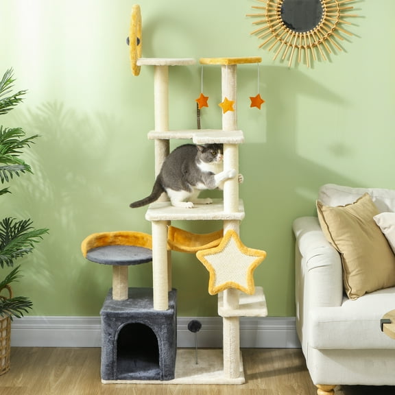 PawHut Cat Tree, 63 Inch Moon and Star Themed Cat Tower, Beige