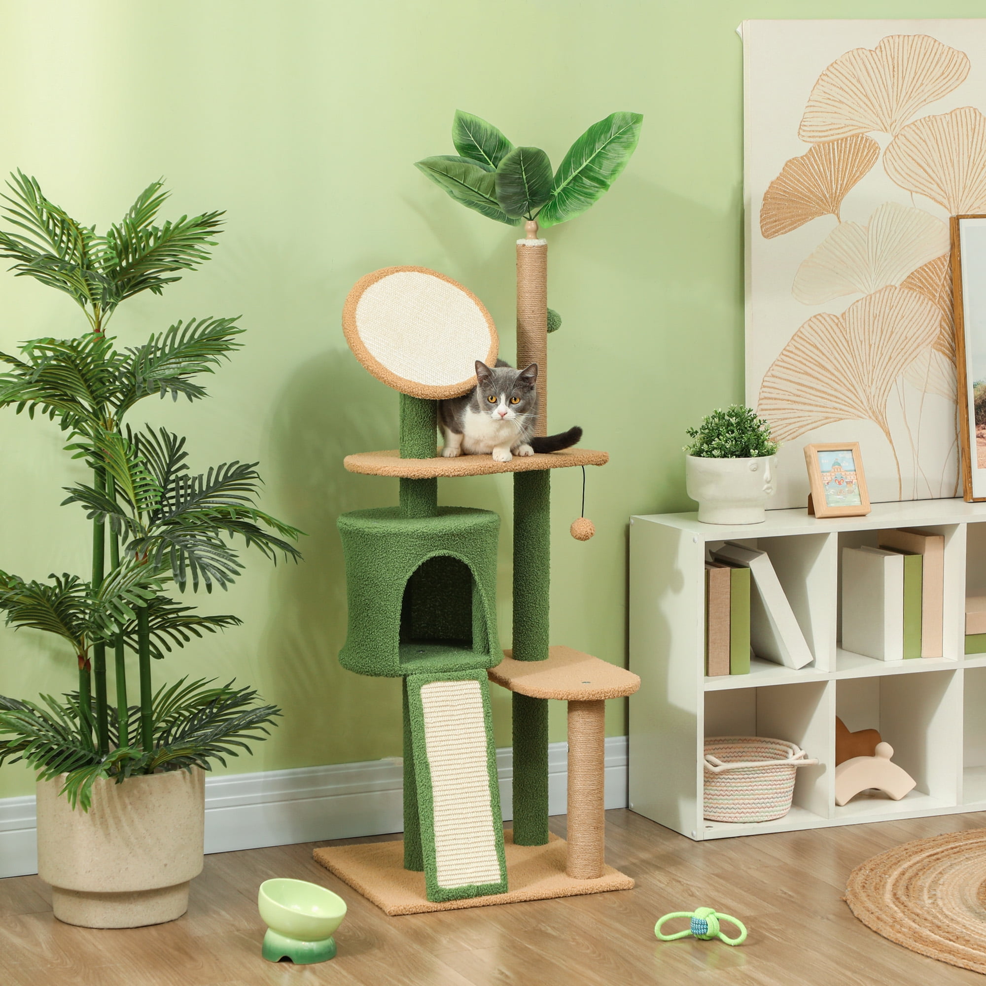 55-Inch Green and Beige Cat Tree with Scratching Posts and Condo