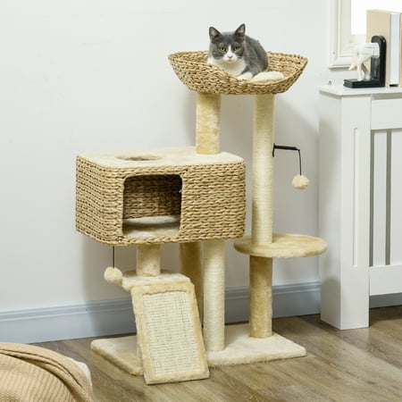PawHut Cat Tree for Indoor Cats w/ Scratching Posts, Condo Cat Tower, Beige