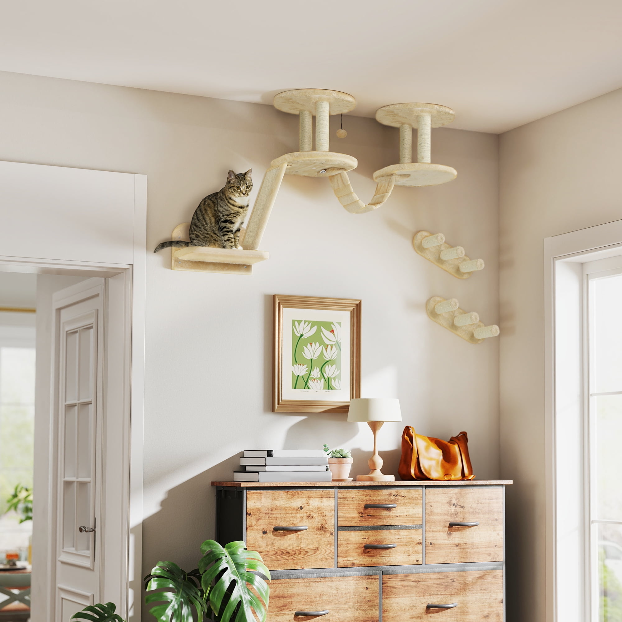 Beige Sisal 3-Piece Wall-Mounted Cat Climbing Shelves