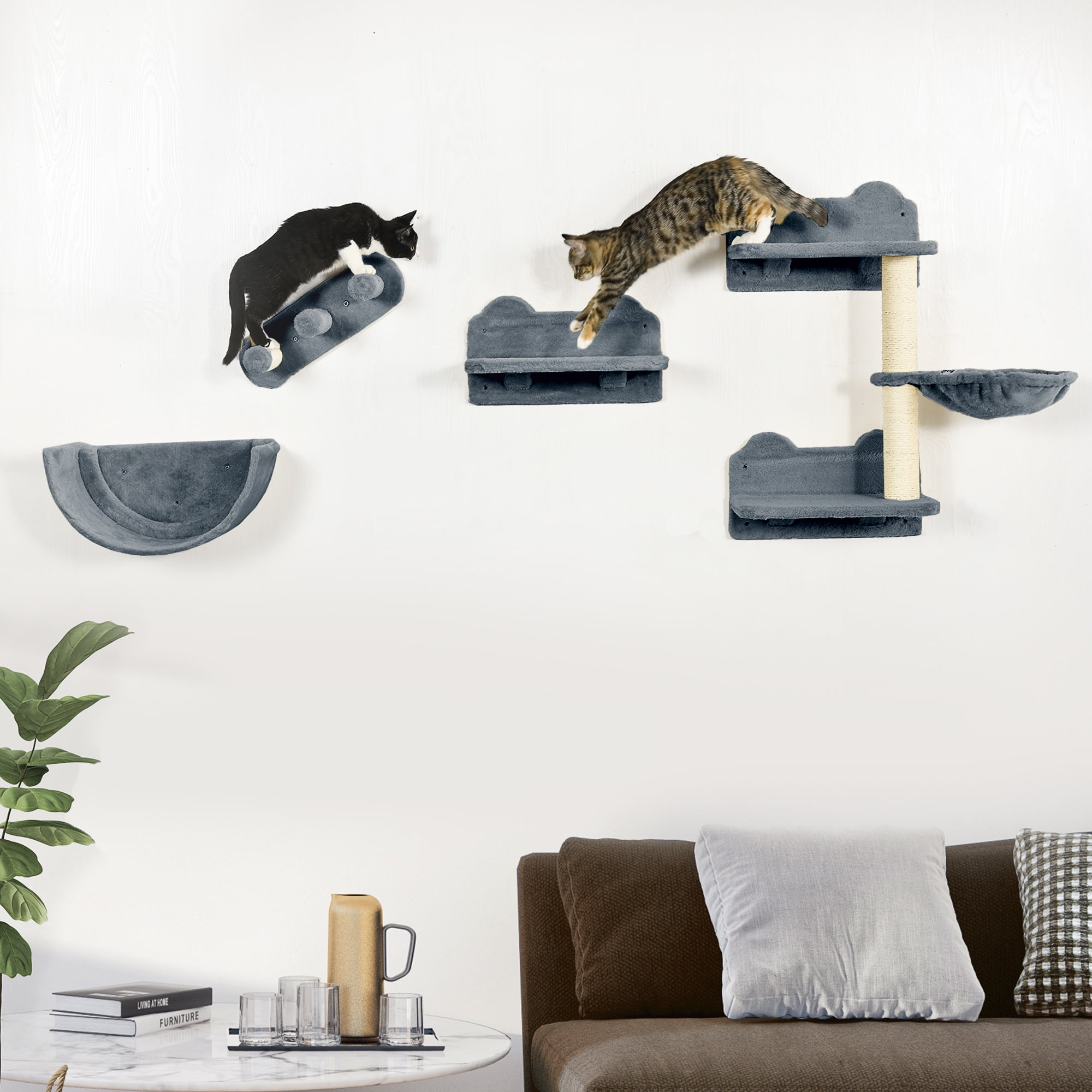 Gray Wall-Mounted Cat Shelves with Hammock and Scratching Post