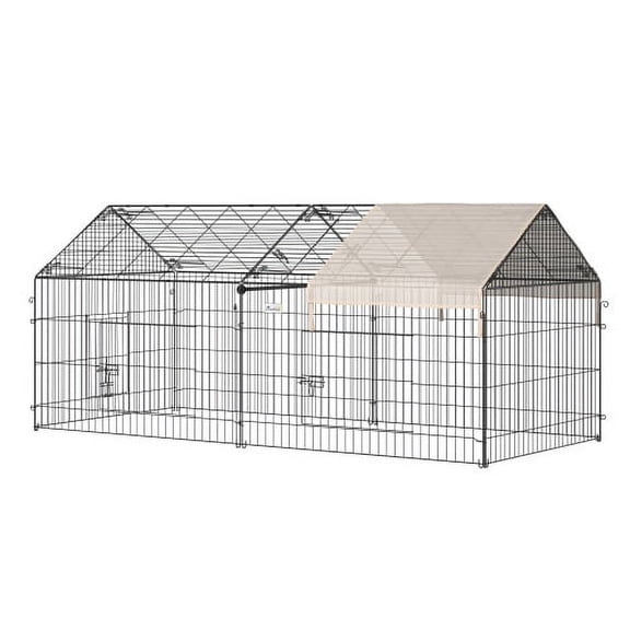 PawHut Catio Metal Chicken Coop, 86.5" x 40.5" Portable Small Animal Playpen for Rabbit, Outdoor Dog Kennel with Water-resistant Cover, Beige