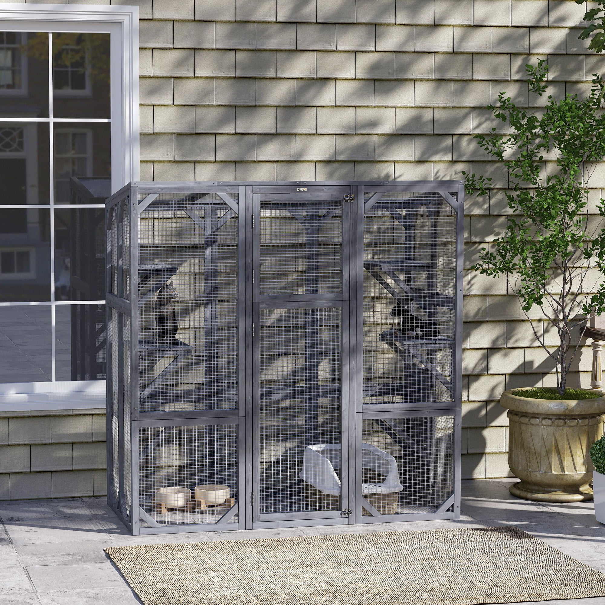 Gray Wooden Outdoor Cat Enclosure with Jumping Platforms
