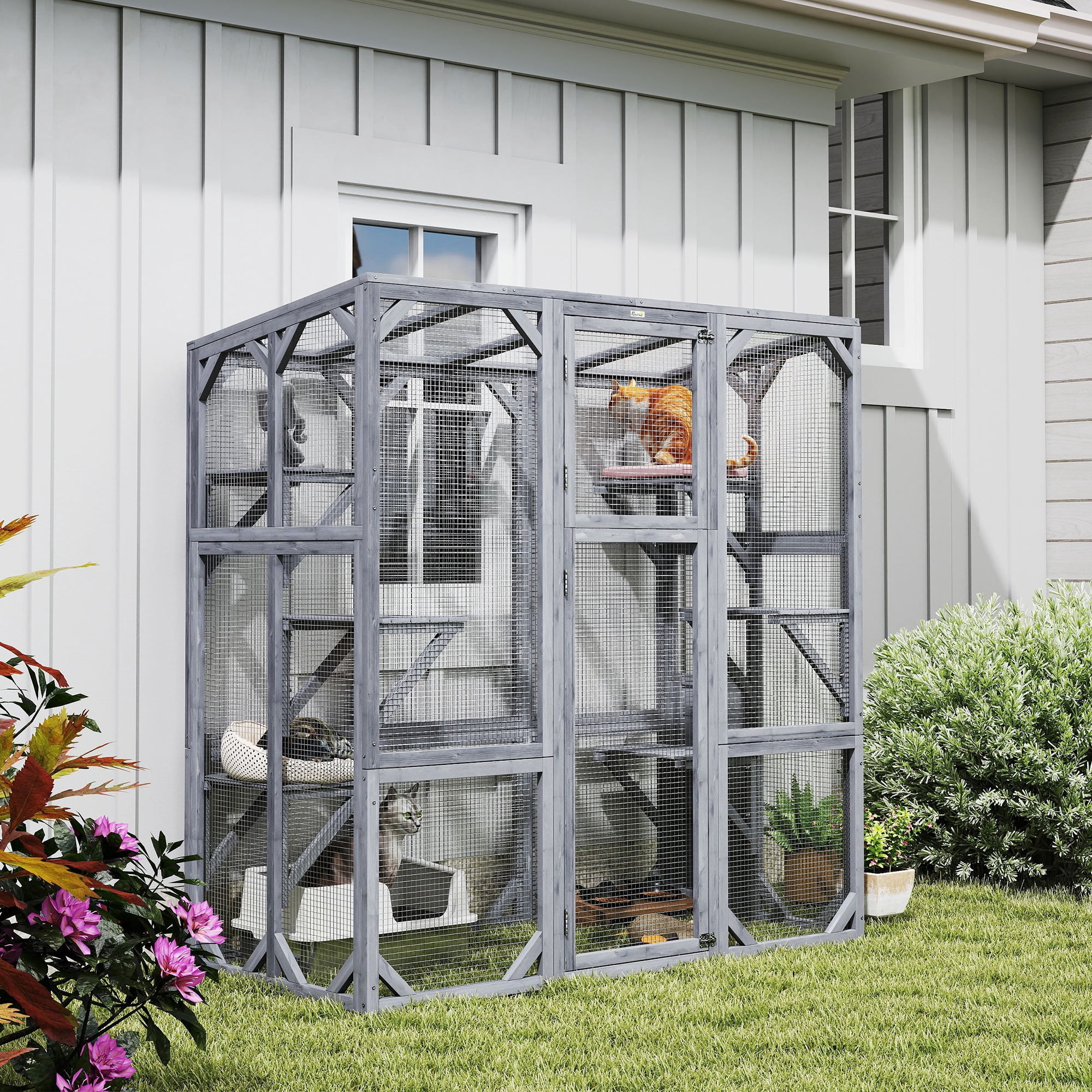 PawHut Catio Outdoor Cat Enclosure, Large Wooden Cat House with 6 Jumping Platforms, Weatherproof Roof, for 1-3 Cats, 59" x 28" x 60", Gray