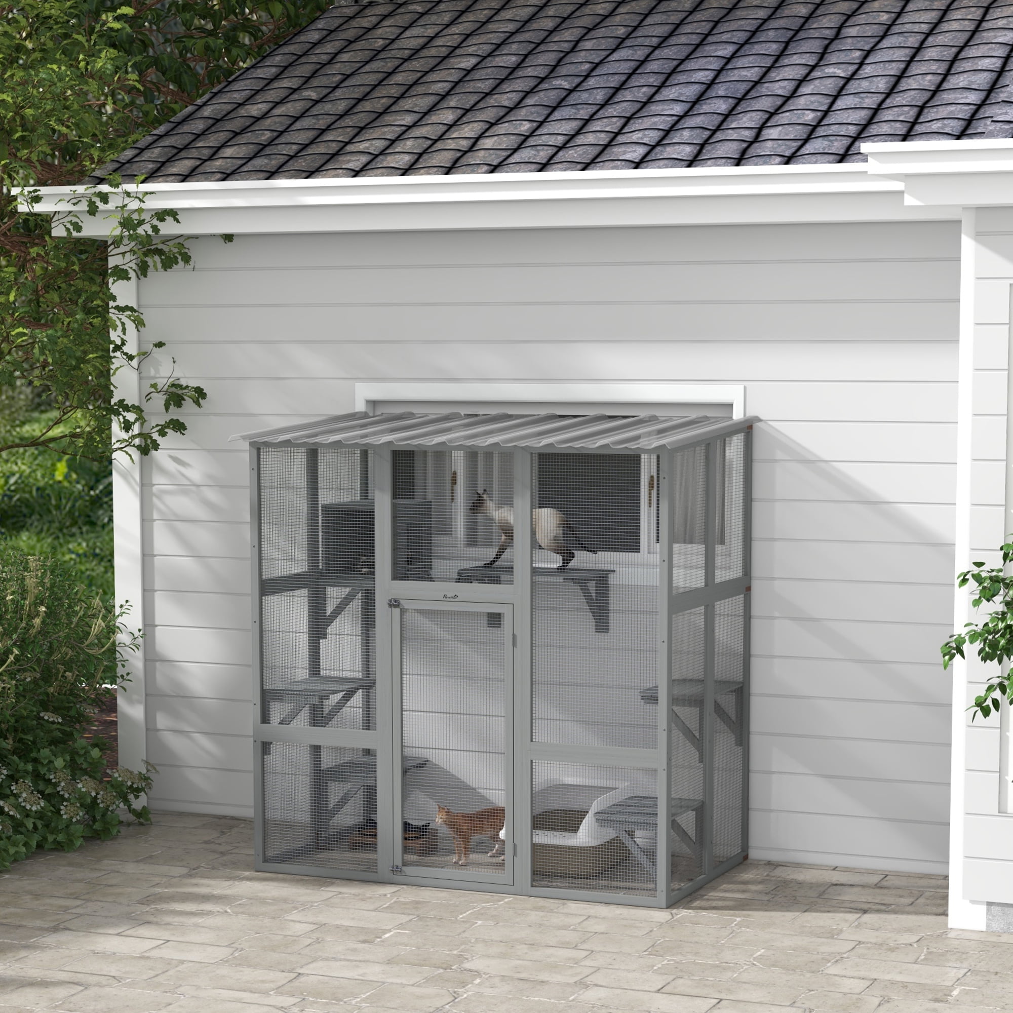 Gray Wooden Outdoor Cat House with Platforms and Bridge
