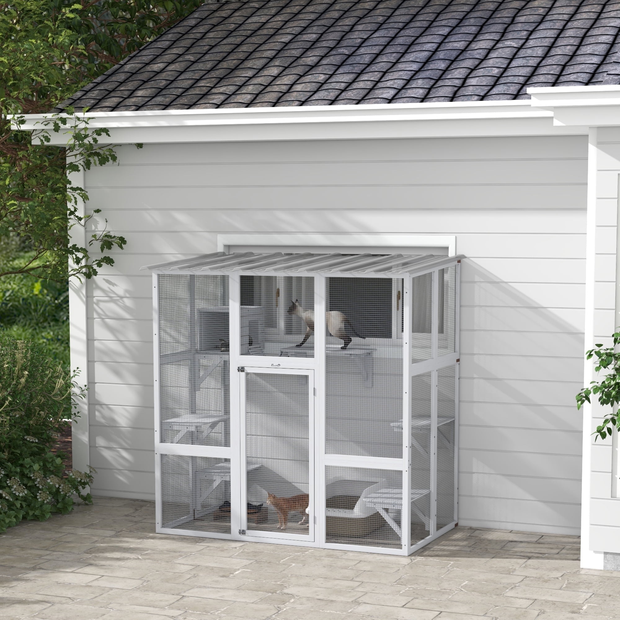 White Wooden Outdoor Cat House with Platforms and Bridge