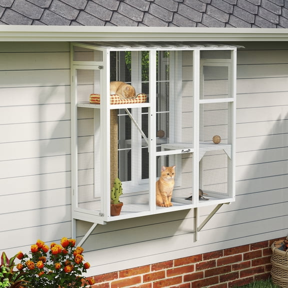 PawHut Catio Outdoor, Cat Window Catio for 2-3 Large Indoor Cats with 2 Jumping Platforms, Scratching Post, Cat Window Box for Playing, Sunbathing