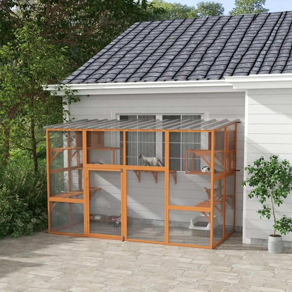 PawHut Catio Cat Window Box Outside Enclosure w/ Scratching Posts for 1-5 Kitties, Resting Boxes, 118" x 55" x 75.5", Orange