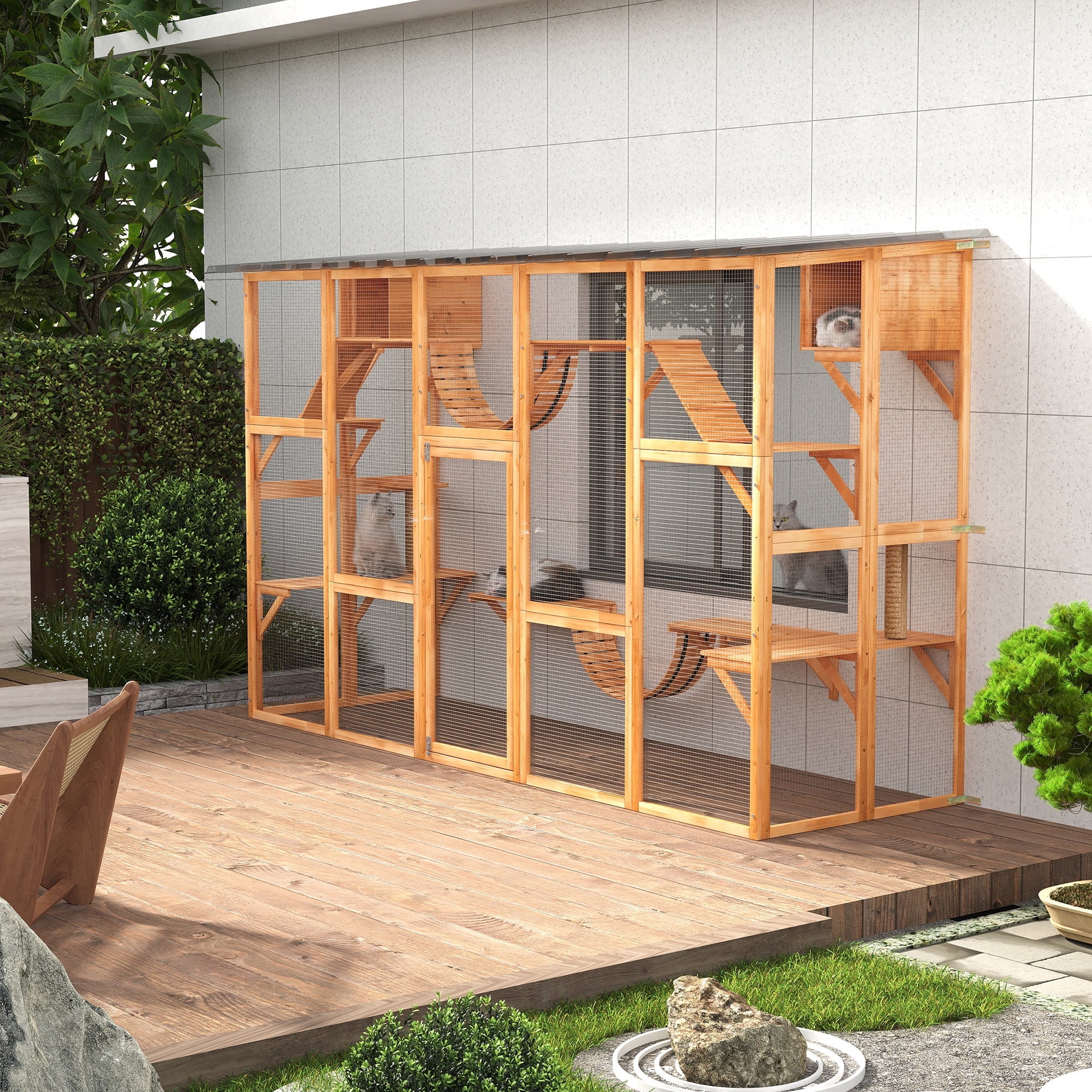 Large Wooden Outdoor Cat Enclosure with Shelves and Bridges