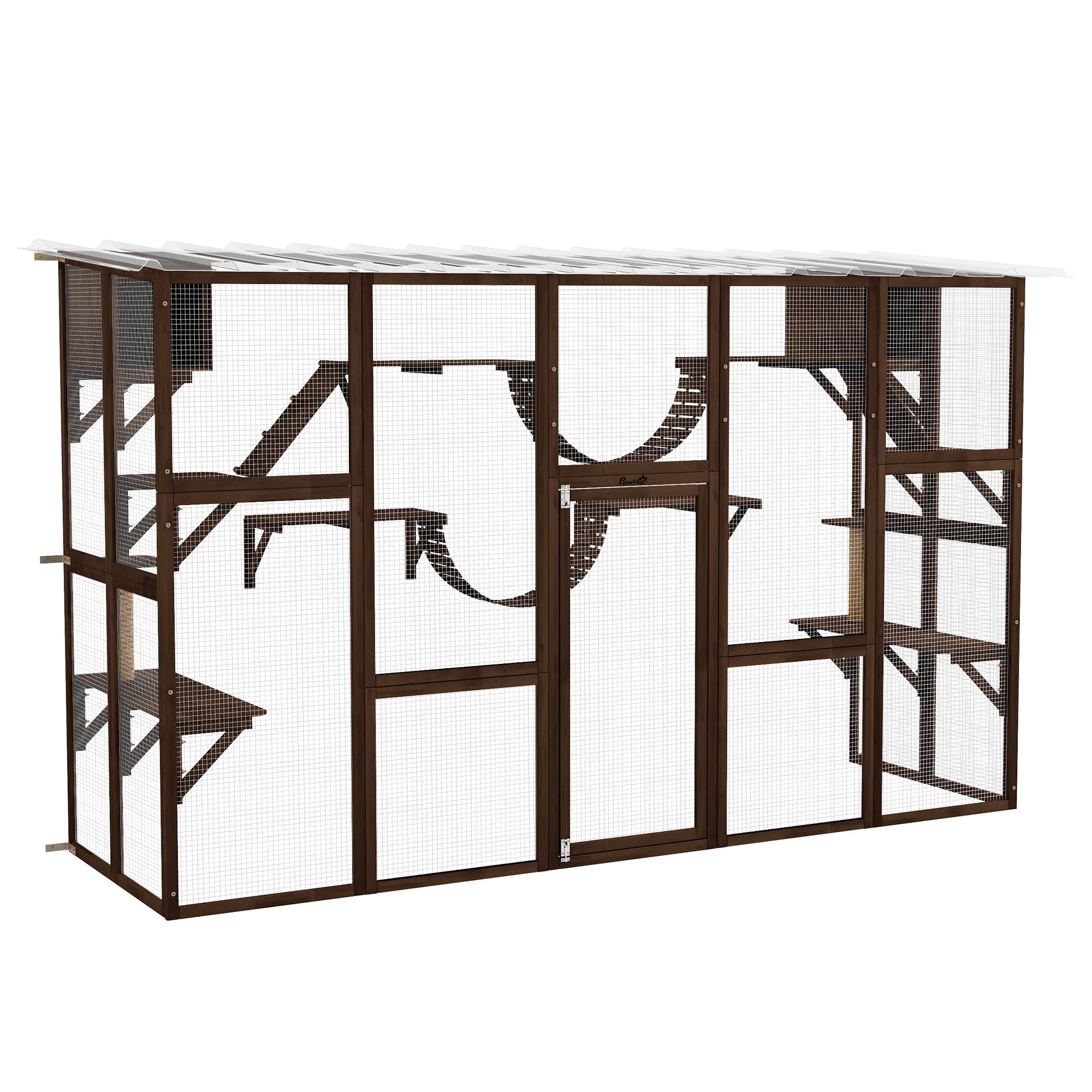 PawHut Catio Playground Outdoor Cat Enclosure Wooden w/ Roof Coffee
