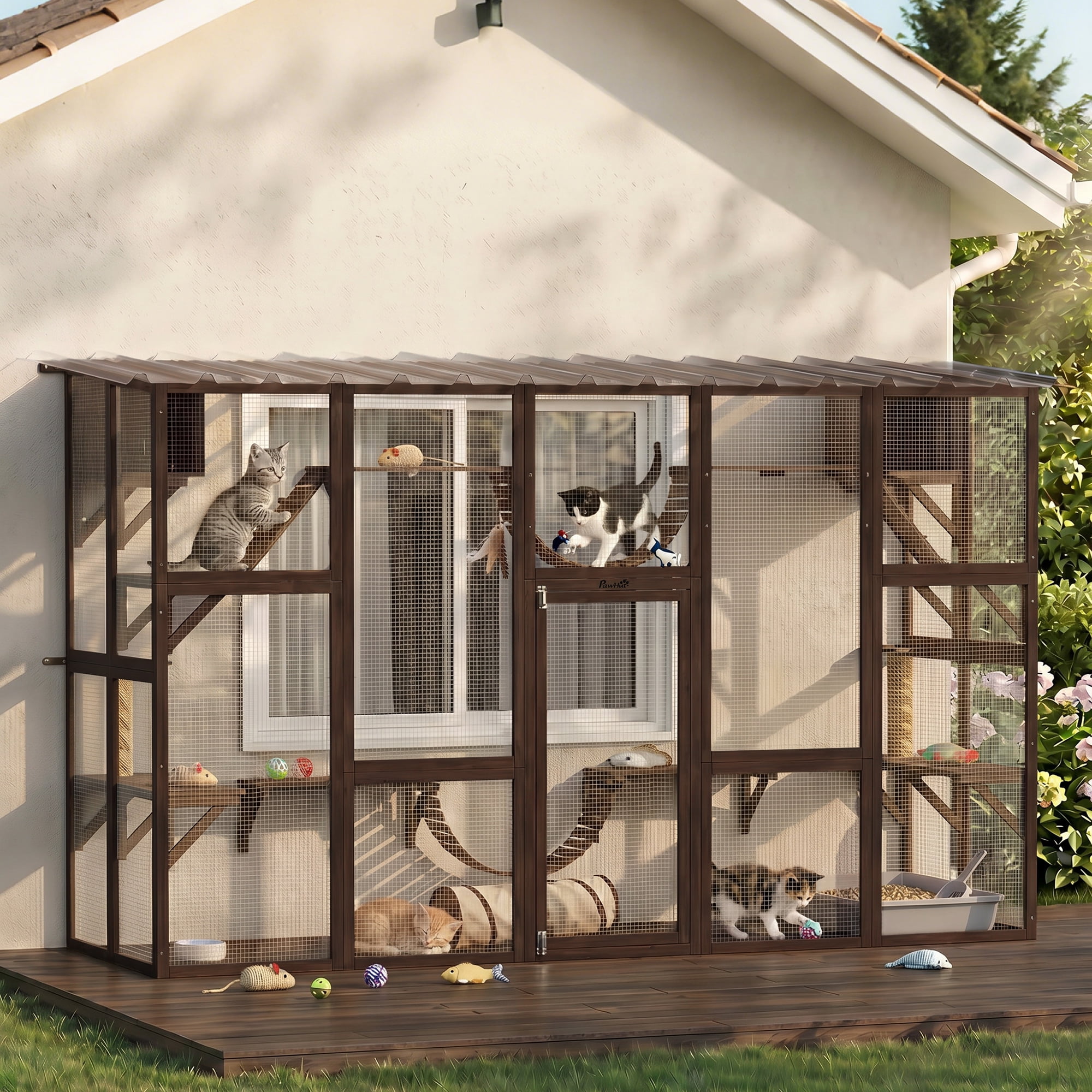 PawHut Catio Playground Outdoor Cat Enclosure, Wooden Outdoor Cat House Weatherproof for Multiple Cats, Shelves & Bridges, Coffee Brown