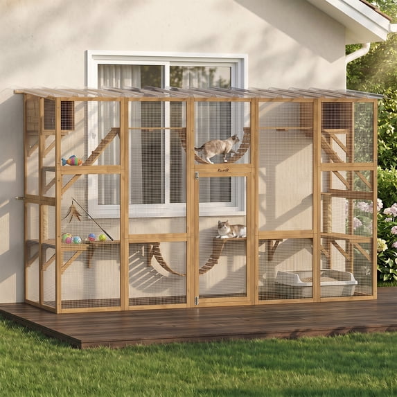 PawHut Catio Playground Outdoor Cat Enclosure, Wooden Outdoor Cat House Weatherproof for Multiple Cats, Shelves & Bridges, Yellow