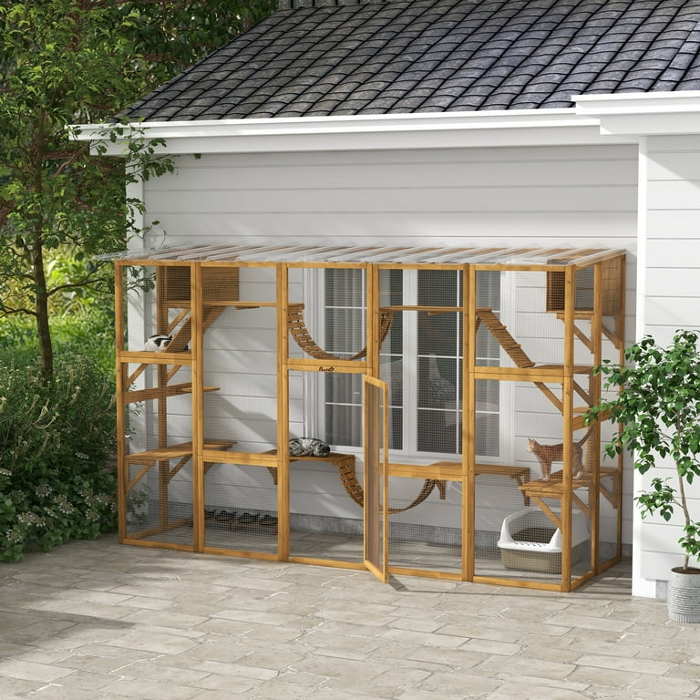 PawHut Catio Playground Outdoor Cat Enclosure Wooden w Roof Yellow Size 118 x 37.5 x 74