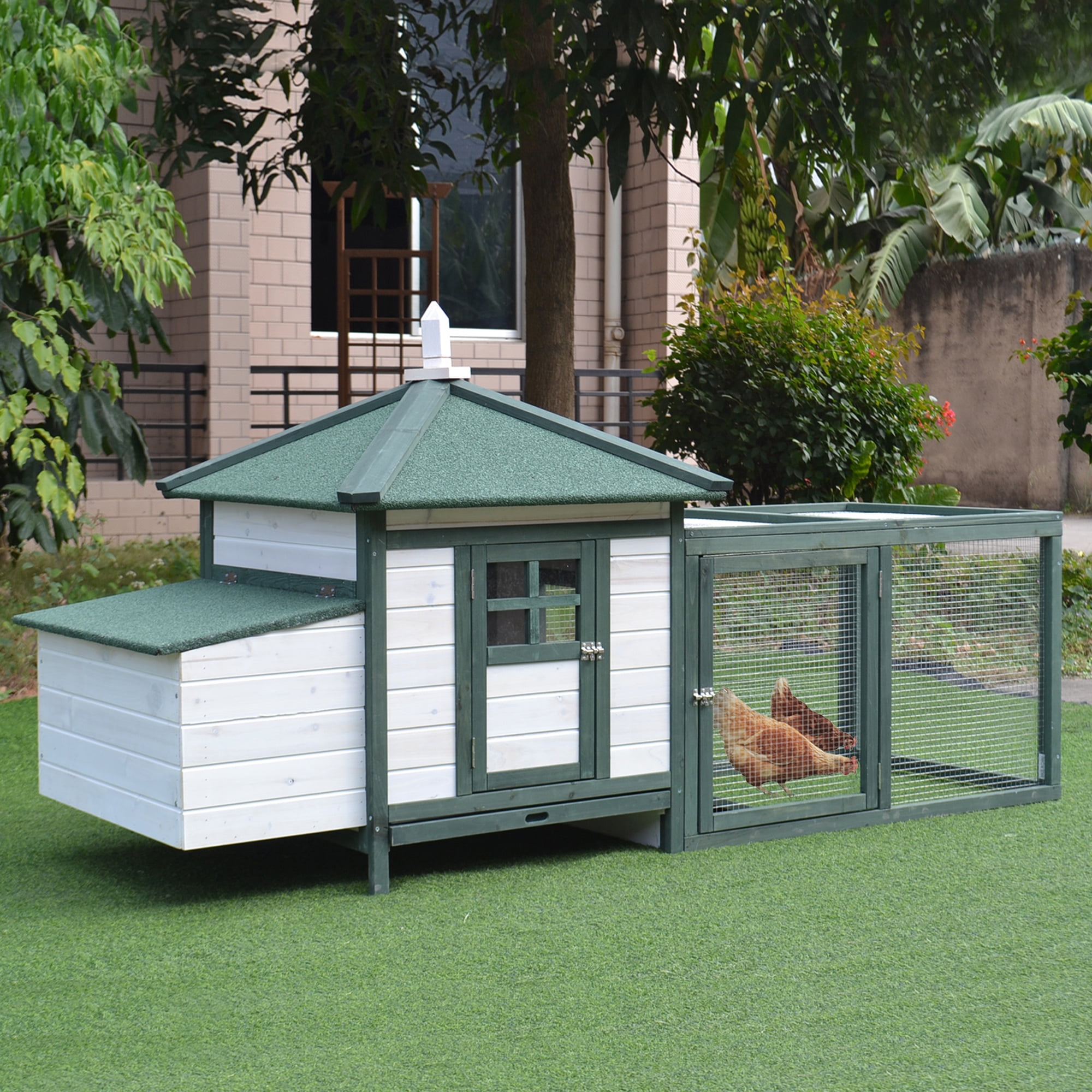 Green and White Wooden Chicken Coop with Nesting Box and Run