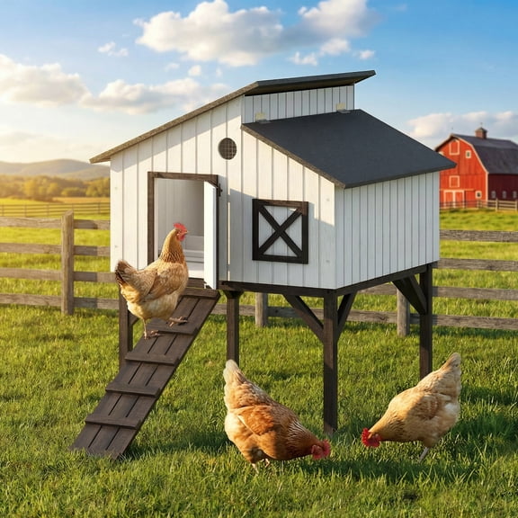 PawHut Chicken Coop Hen House with Nesting Box, Elevated Rabbit Hutch with Ramp, Asphalt Openable Roof and Elevated Legs, Outdoor Wooden Duck House