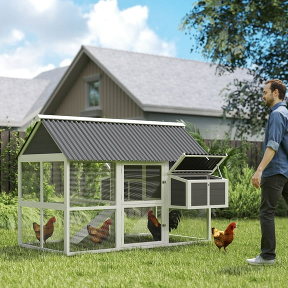 PawHut Chicken Coop with Run, Large Wooden Chicken House with 2 Nesting Boxes, 2 Roosting Bars, Ramp & Tray, Poultry Cage for 6-8 Chickens, Gray