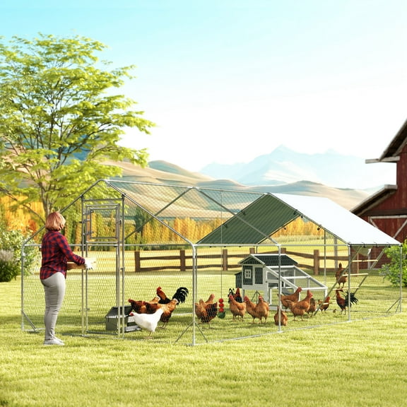 PawHut Chicken Run, Metal Chicken Coop w/ Waterproof & Anti-UV Cover, Feeding Door, Hanging Feeder, Perch, for 18-24 Chickens, 9.8' x 19.7' x 6.4'